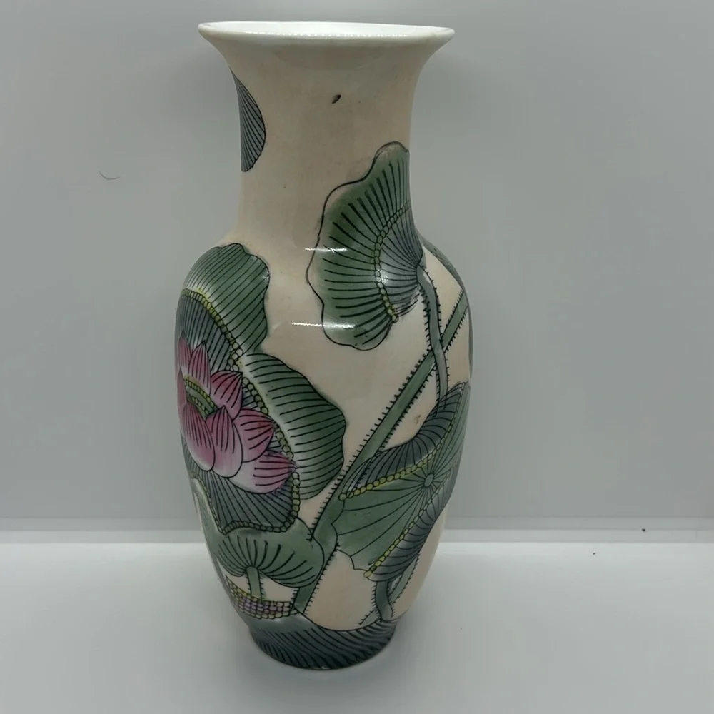 Floral Ceramic Vase with Lotus Design Vintage Handpainted Chinese Porcelain